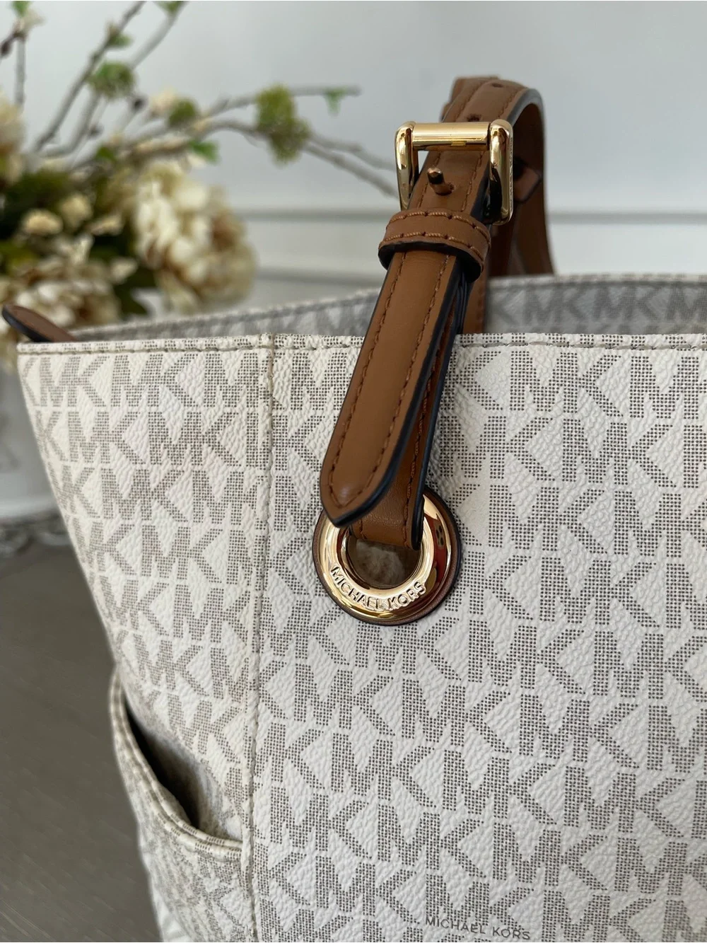Michael Kors Cream & Tan MK Logo Tote